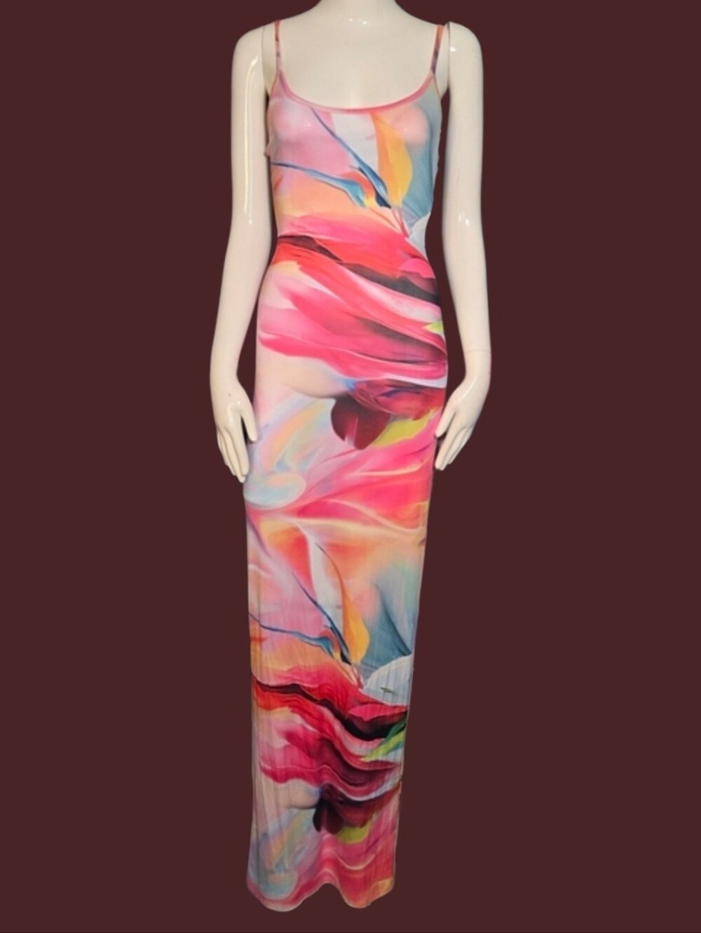 Multicolor Abstract Slip Maxi Dress with Spaghetti Straps